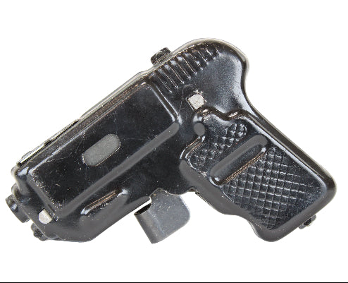 Black gun-shaped device on a white background