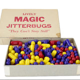 Box of colorful 'Magic Jitterbugs' toys with a vintage design.