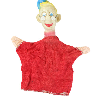 Hand puppet with a red shirt and colorful hair on a white background