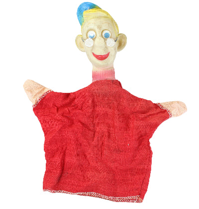 Hand puppet with a red shirt and colorful hair on a white background