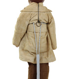 Mannequin wearing a beige coat with a brown helmet on a white background