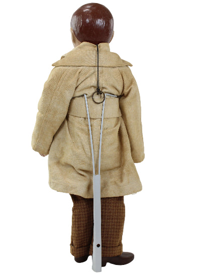 Mannequin wearing a beige coat with a brown helmet on a white background