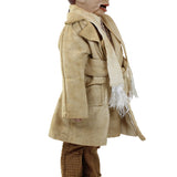 Mannequin wearing a beige coat and brown pants on a white background