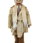 Vintage doll in a beige suit with a white shirt and brown shoes on a white background