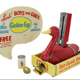 1960 Red Goose Shoes Working Large Golden Egg Dispenser, Signage & Golden Eggs