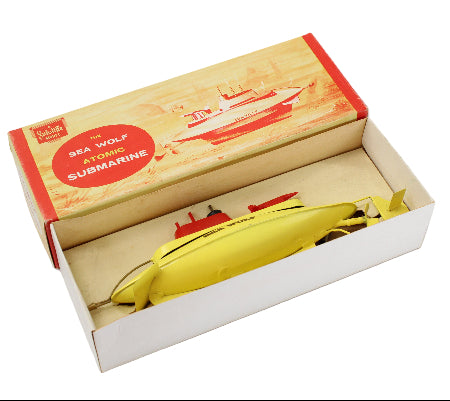 Yellow submarine model in a cardboard box with 'Sea Wolf' branding on a white background