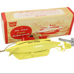 Yellow toy submarine with packaging labeled 'Sea Wolf Atomic Submarine' on a white background