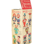 Vintage Kixie's toy box with colorful illustrations on a white background