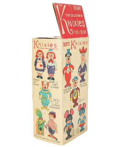 Vintage Kixie's toy box with colorful illustrations on a white background