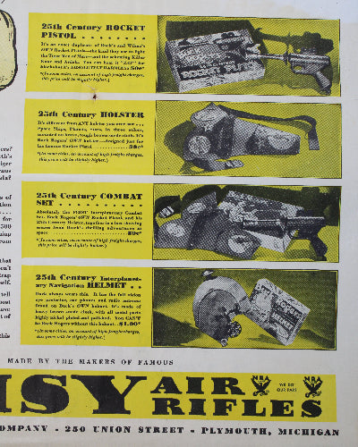 Vintage advertisement for Isy Air Rifles with text and images on a yellow background