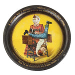 Decorative tray with vintage illustration of a woman and child on a sewing machine, on a white background.