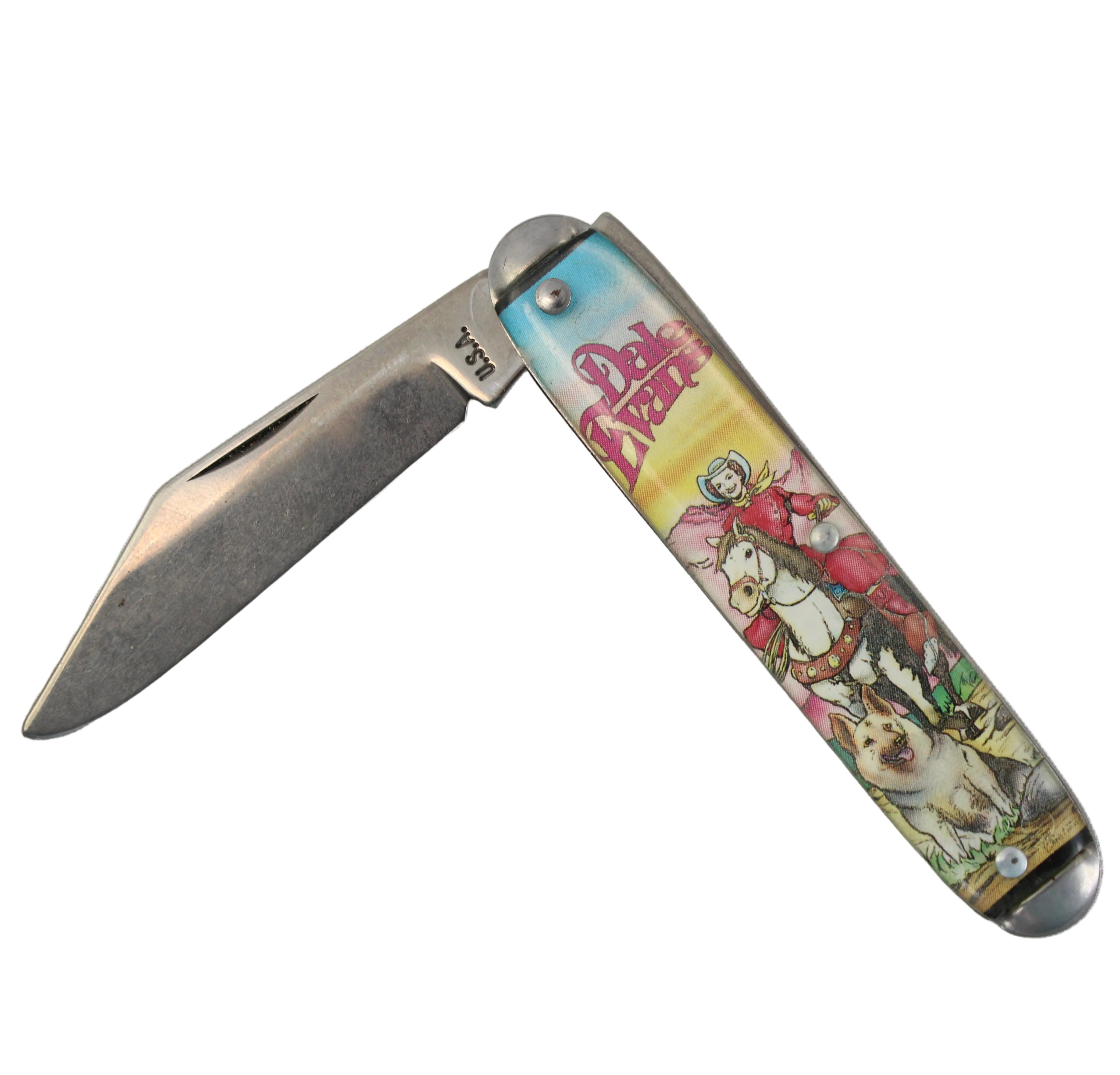 Decorative pocket knife with colorful handle on a white background