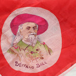 Red fabric with a portrait of a man in a pink hat and 'Buffalo Bill' text.