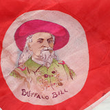 Red fabric with a portrait of a man in a pink hat and 'Buffalo Bill' text.