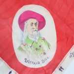 Red fabric with a colorful illustration of a character labeled 'Buffalo Bill' on a white background.