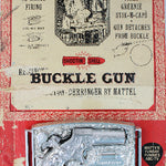 Vintage packaging of a buckle gun toy by Mattel on a white background