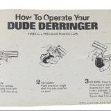 Instructions for operating a 'Dude Derringer' on a beige background