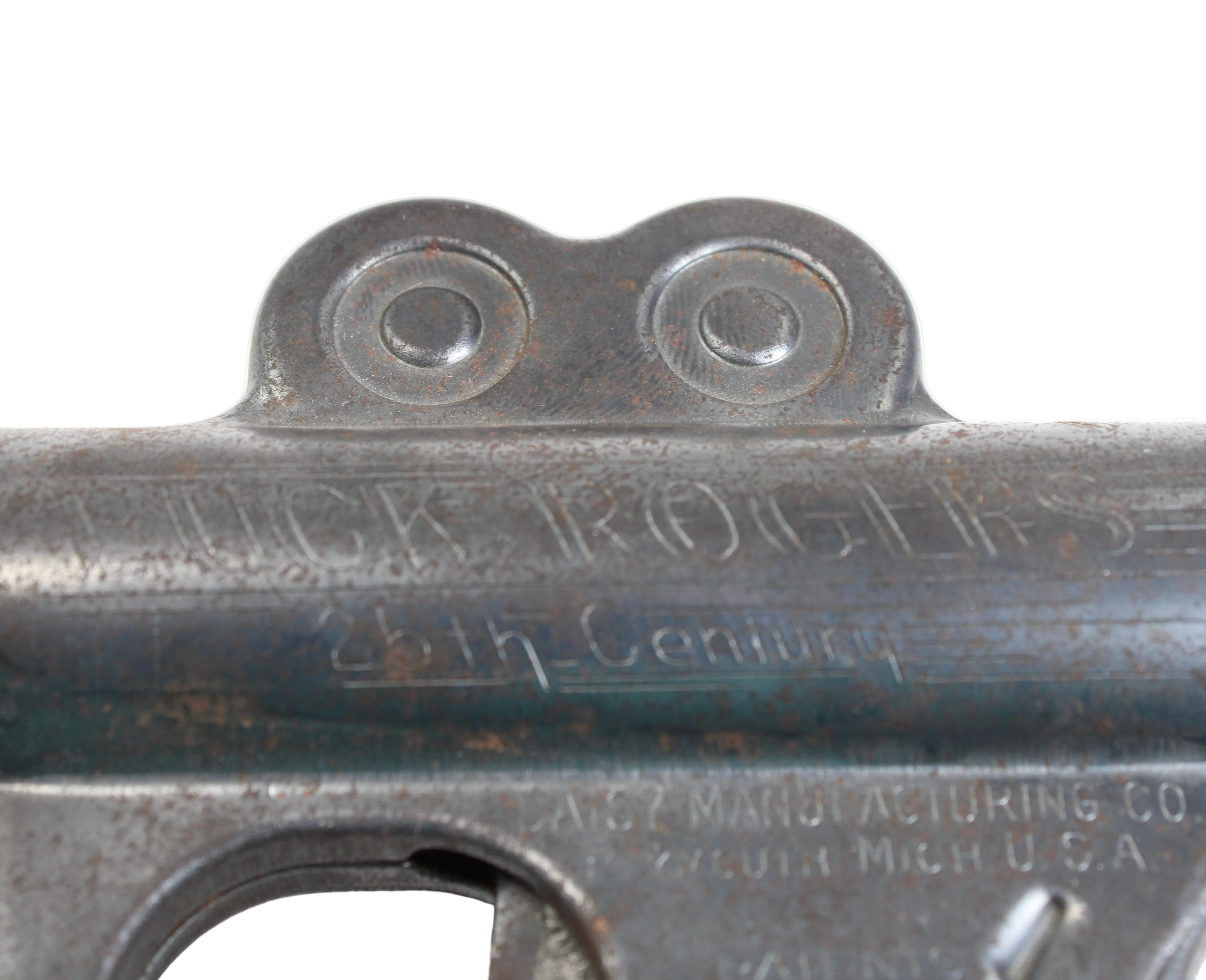 Close-up of a metal object with 'Black Powder' branding on a white background