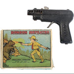 Ronson Repeater toy gun with packaging featuring a hunter and bear illustration on a white background.