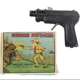 Ronson Repeater toy gun with packaging featuring a hunter and bear illustration on a white background.