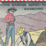 Vintage illustration of a cowboy and three other figures with mountains in the background, labeled 'The Lone Ranger Series No. 5 Guarding Gold'.