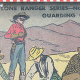 Vintage illustration of a cowboy and three other figures with mountains in the background, labeled 'The Lone Ranger Series No. 5 Guarding Gold'.