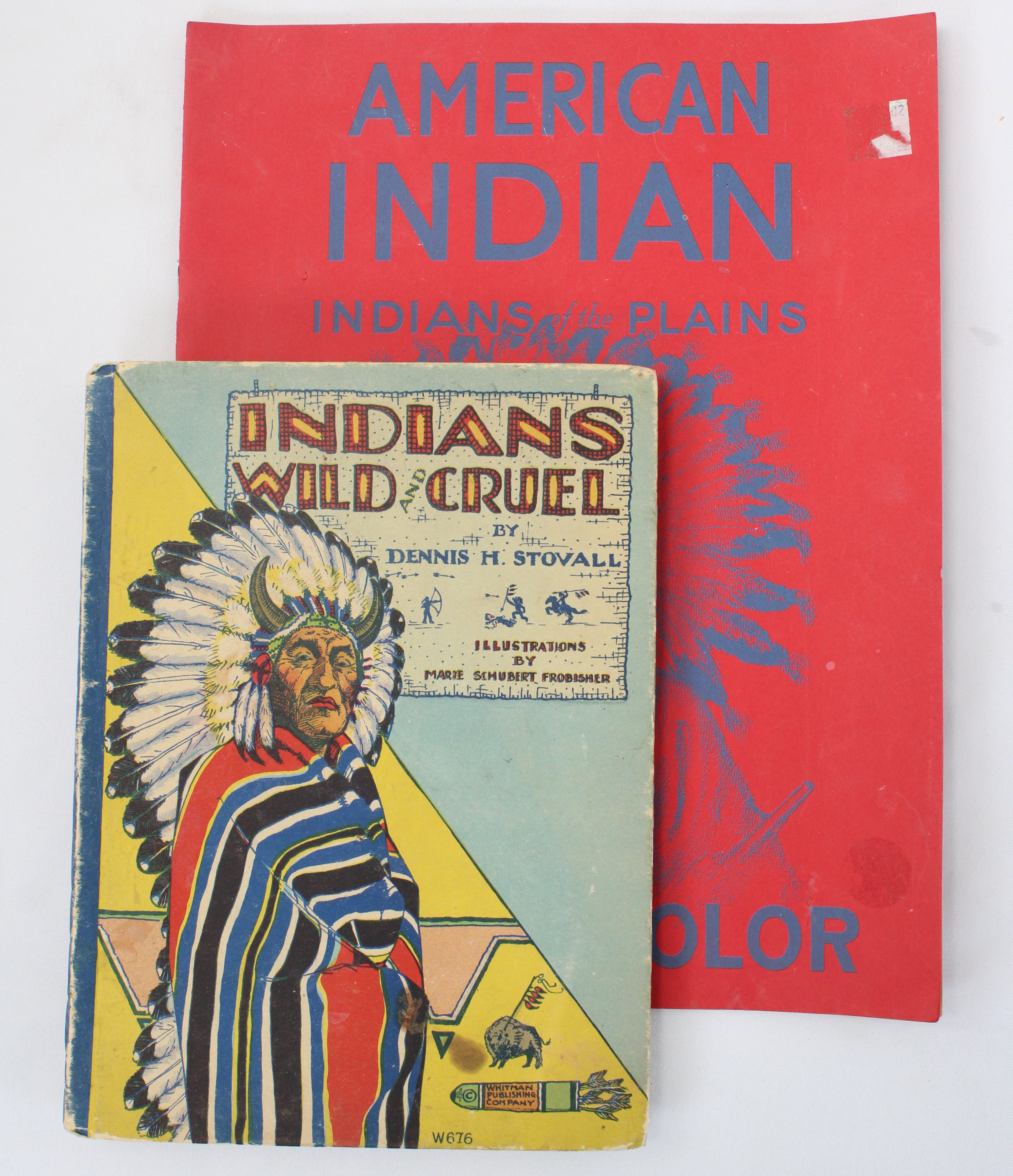 Two books on a white background, one with an Indian chief illustration and the other red with text.