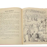 Open book with illustrations and text on a white background