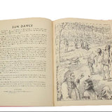 Open book with illustrations and text on a white background