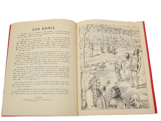 Open book with illustrations and text on a white background