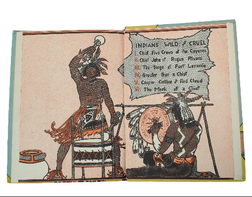 Open book with illustrations of Native American figures and text on a light blue background