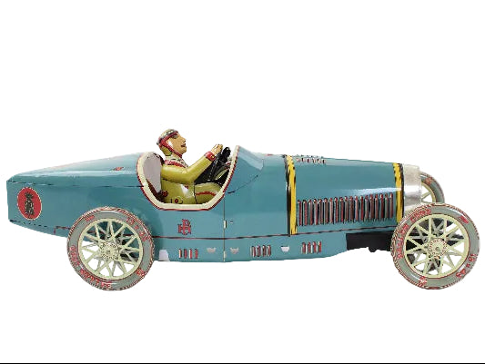 Vintage toy race car with a driver figure on a white background
