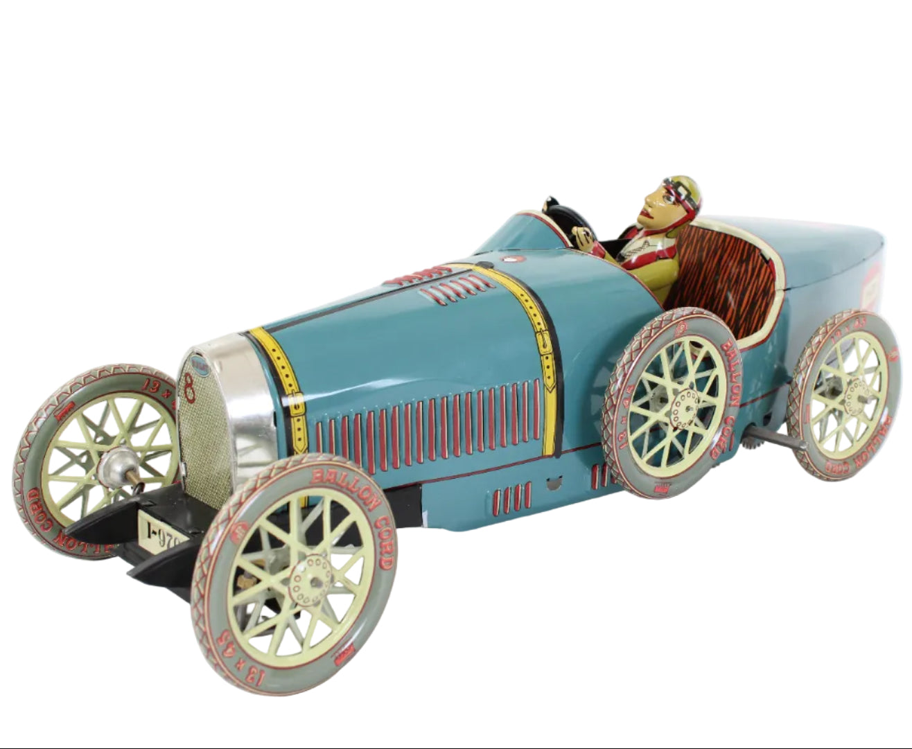 Vintage-style toy car with a driver figure on a white background