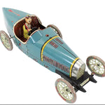 Vintage-style toy car with a driver figure on a white background