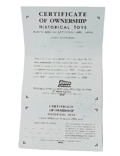 Certificate of ownership for historical toys on a textured white background