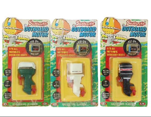 Three packaging of Boaterific Outboard Motors on a white background