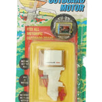 Vintage outboard motor toy packaging on a white background