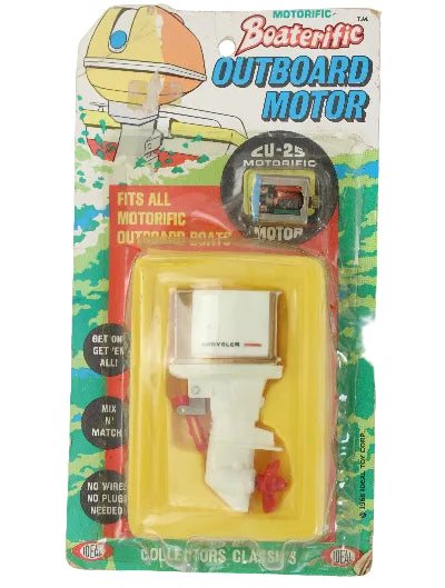 Vintage outboard motor toy packaging on a white background