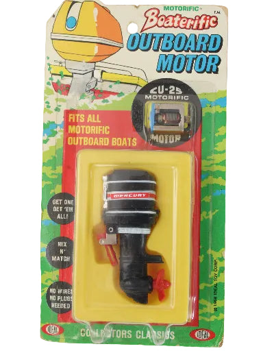 Vintage toy outboard motor packaging with colorful design on a white background