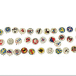 Collection of various buttons with different designs on a white background