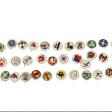 Collection of various buttons with different designs on a white background