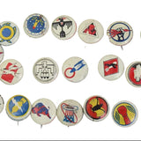Collection of vintage buttons with various designs on a white background