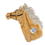 Plush horse toy with a visible brand label on a white background