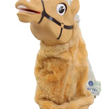 Plush horse toy with a tag on a white background