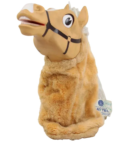 Plush horse toy with a tag on a white background