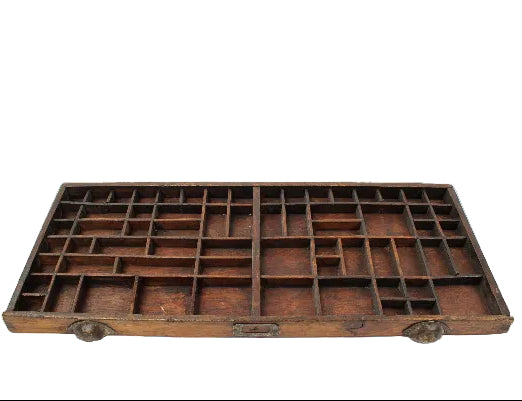 Wooden type tray with multiple compartments on a white background