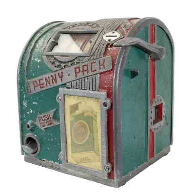 penny cigarette slot machine Early 1940's Daval Penny Pack Cigarette Gumball Trade Stimulator penny cigarette slot machine Early 1940's Daval Penny Pack Cigarette Gumball Trade Stimulator