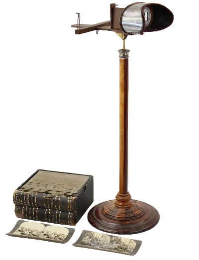 Vintage-style magnifying glass and books on a white background