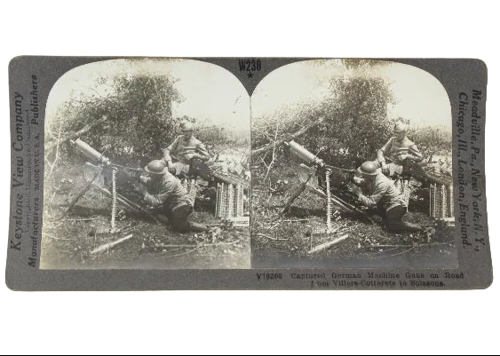 Stereoscopic card showing a German machine gun crew in action, published by Keystone View Company.