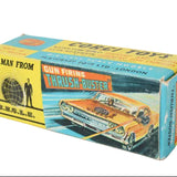 Vintage toy car packaging with graphics and text on a white background